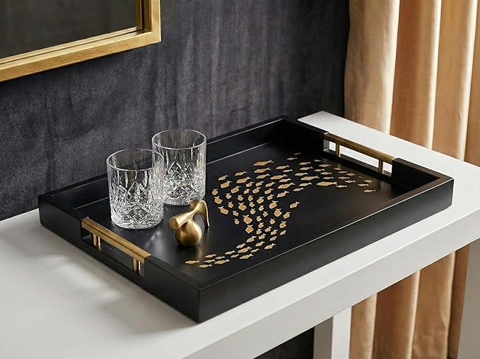 Black Serving Tray with School of Golden Fish Design Gothic Ottoman Tray, Tea and Coffee Table Tray, Jewelry Bathroom Organizer, Gift, Gloss Finish
