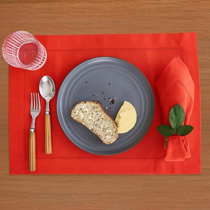 Solino Home Cotton Linen Napkins Set of 4 - Hemstitch Poppy Red Dinner Napkins Cloth 20 x 20 Inch for Valentines - Handcrafted and Machine Washable