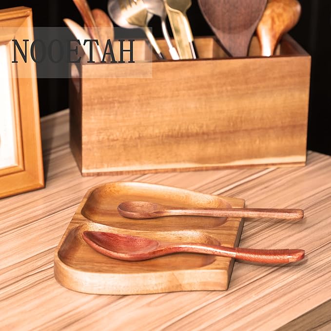 Large Acacia Wood Spoon Rest, Double Wooden Spoon Holder With Non Slip Silicone Feet, Handmade Kitchen Rest for Kitchen Countertop (Brown)
