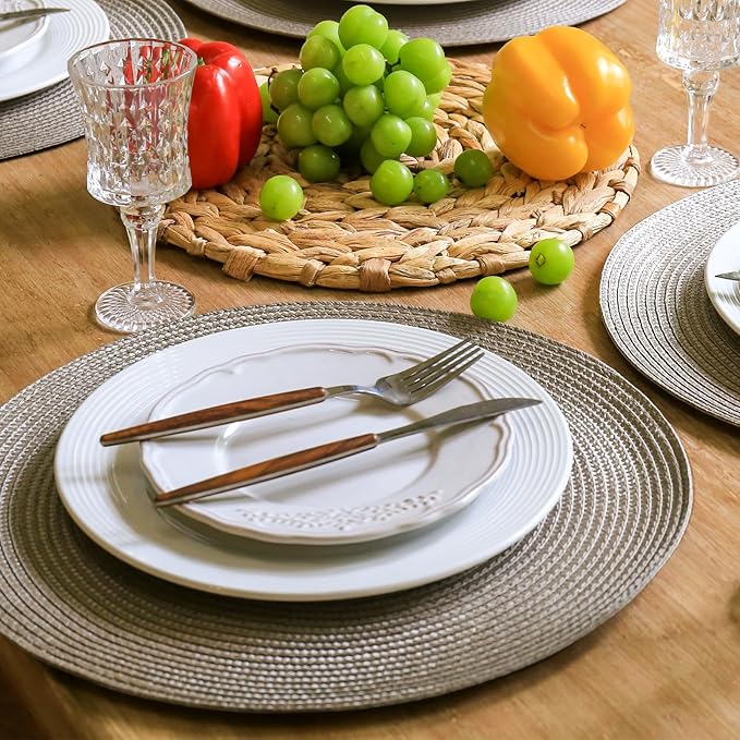 FunWheat Round Braided Placemats Set of 8 Table Mats for Dining Tables Woven Washable Non-Slip Place mats 15 inch(Taupe, 8pcs)