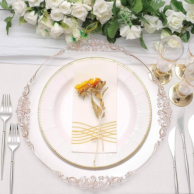 13" Charger Plates -Set of 12 - Acrylic Clear Rose Gold Round Baroque Disposable Chargers Leaf Embossed Rim, Ideal for Dinner Party Wedding Bulk Events