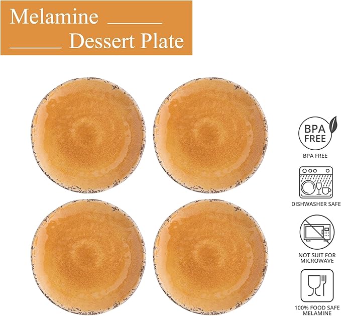 UP UPware Crackle Melamine Round Dessert Plates, Small Serving Plates, for Appetizer, Snacks, and Side Dishes, Orange, 6 Inch, Set of 4
