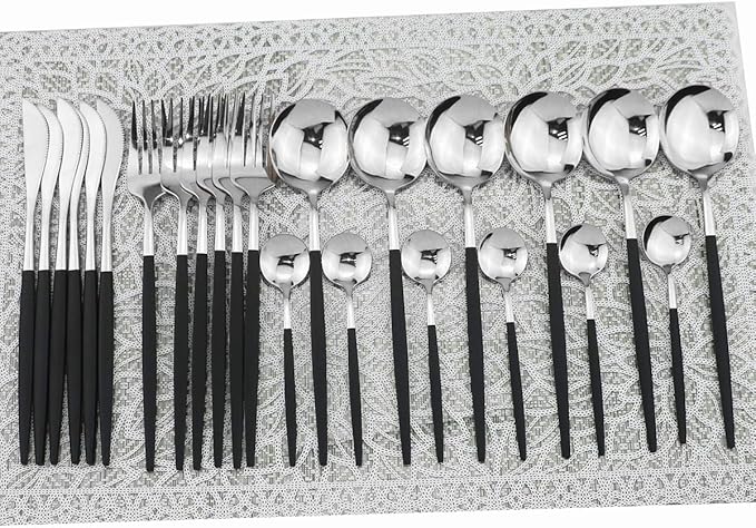 Mirror Silverware Set,24-Piece 304 Stainless Steel Shiny Flatware Set,Kitchen Utensil Set,Tableware Cutlery Set for Home and Restaurant, Dishwasher Safe Service For 6 (Black Handle Silver)