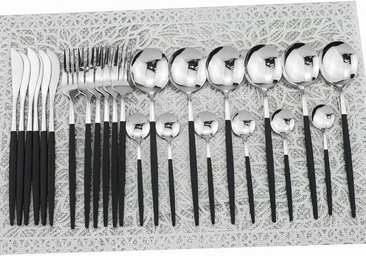 Mirror Silverware Set,24-Piece 304 Stainless Steel Shiny Flatware Set,Kitchen Utensil Set,Tableware Cutlery Set for Home and Restaurant, Dishwasher Safe Service For 6 (Black Handle Silver)