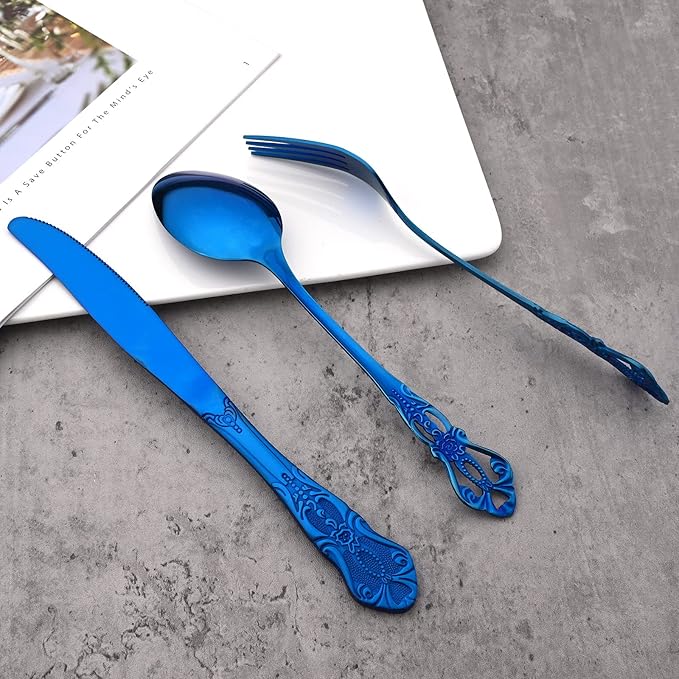 8-Piece Luxury Royal Silverware Set, 18/10 Stainless Steel Blue Flatware Set Service for 2, Tableware Cutlery Set Includes Forks Spoons Knives, Modern Design & Mirror Polished - Dishwasher Safe