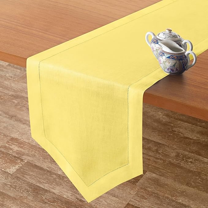 D'Moksha Homes Lemon Yellow Linen Table Runner 108 Inches Long - 100% Pure Linen Diamond Table Runner 14 x 108 Inch for Dining, Winter, Christmas, Holiday, New Year - Machine Washable