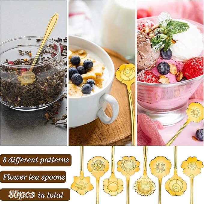 Eboot 80 Pcs Gold Flower Teaspoon Stainless Steel Tea Party Spoons Mini Cute Teaspoon Stirring Coffee Sugar Drink Demitasse Espresso Spoons for Bridal Baby Shower Wedding Party Favors Decorations
