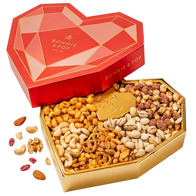 Valentine's Day Gift Basket, Heart Box with Gourmet Nuts Assortment, Premium Mixed Nuts Variety Pack for Wife, Girlfried, Mom, Women, Girl, Spouse- Bonnie and Pop