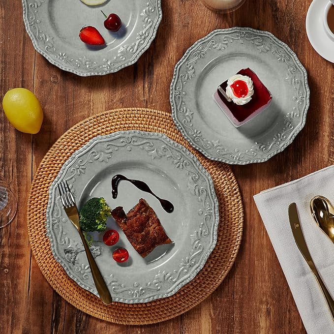 TP 12-Piece Dinnerware Set, Melamine Dishes Set with Bowls and Plates, Non-breakable and Lightweight Dinner Service for 4, Grey