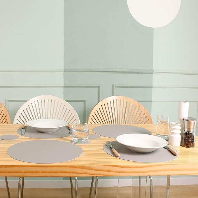 Wipeable Placemats and Coasters Leather Table Mats Waterproof Heat-Resistant Easy to Clean for Dining Table Set Kitchen Table Set of 6, Slat Gray