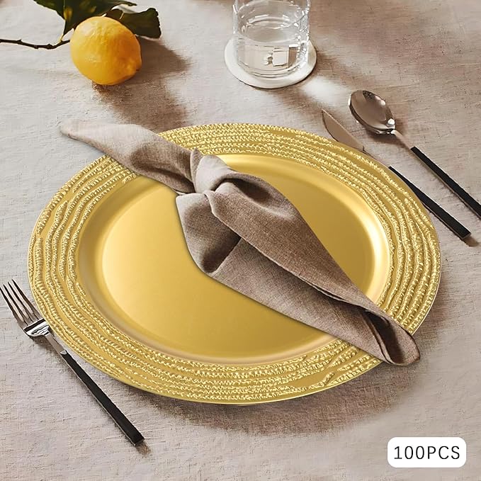 100 Pcs Antique Charger Plates Bulk 13 Inch Embossed Rim Plastic Party Dinner Plate Chargers Round Decorative Server Plate for Wedding Party Event Tableware (100pcs-gold10)