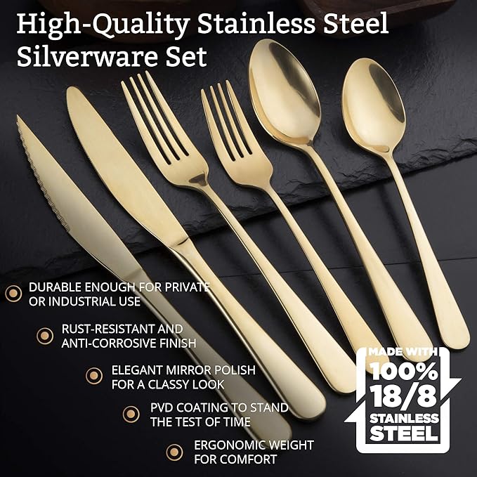 EVOLVE 18/8 Stainless Steel Silverware Set for 4 - Complete 24 Piece Flatware Cutlery Set - Elegant and Ergonomic Design- Dishwasher Safe -Stylish & Mirror Finish, Rust-Proof Utensil Sets. (Champagne)