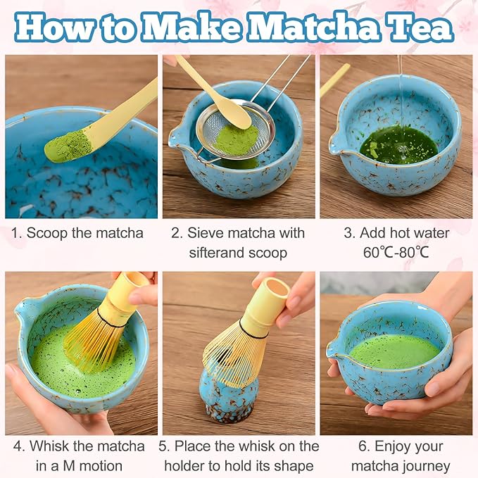 MONOJOY Matcha Whisk Set with Large Capacity Ceramic Matcha Bowl with Spout, Japanese Matcha Set with Matcha Bowl and Whisk, Holder and Stainless Steel Sifter, Matcha Kit for Matcha Lover Gifts, 4 PCS