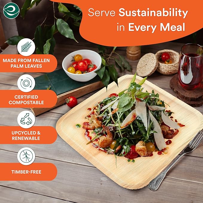 ECO SOUL Palm Leaf Plates 8"(400 Count) Square Compostable Bamboo Plates Heavy- Duty, Biodegradable Eco-Friendly Dinnerware for Christmas Party Dinner, Wedding, Holiday & Event