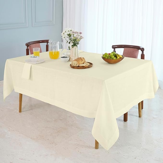 D'Moksha Homes Linen Cream Tablecloth 60 x 132 Inch - 100% Pure Linen Rectangular Tablecloth - Machine Washable Table Cloth for Winter, Christmas, Holiday, New Year
