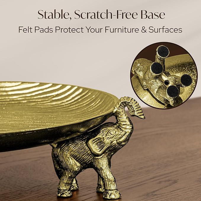 Round Decorative Tray with Elephant Stands, Antique Gold – Tray for Coffee Table, Home Decor, Centerpiece, Serving Platter & More – Circular Tray with Symbolic Elephants