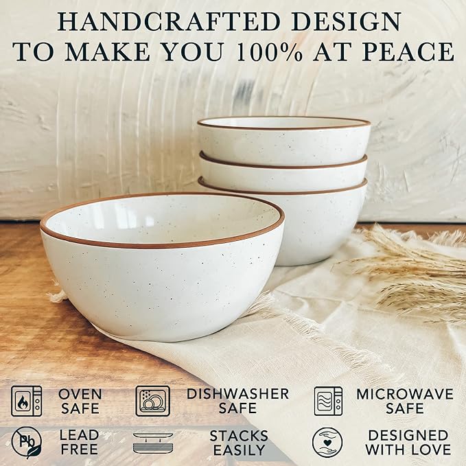 Mora Ceramic Bowls For Kitchen, 28oz - Bowl Set of 4 - For Cereal, Salad, Pasta, Soup, Dessert, Serving etc - Dishwasher, Microwave, and Oven Safe - For Breakfast, Lunch and Dinner - Vanilla White