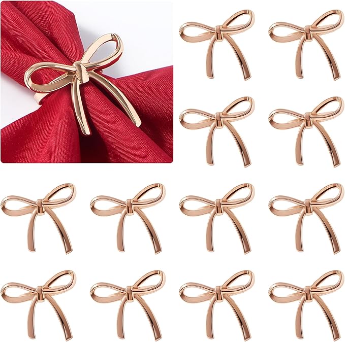 APTWOW Gold Christmas Napkin Rings Set of 12 -Metal Bow Napkin Holders, Xmas Holiday Napkin Rings for Birthday Party, Anniversary Dinner, and Wedding Table Decorations