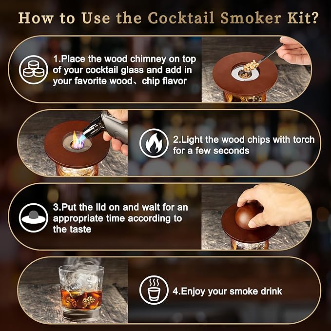 Whiskey Smoker Kit,Cocktail Smoker Kit with Torch,Bourbon smoker kit,Old Fashioned Smoker kit,Drink Smoker Infuser Kit with Wood Chips,Birthday Whiskey Bourbon Gifts for Men,Dad,Husband