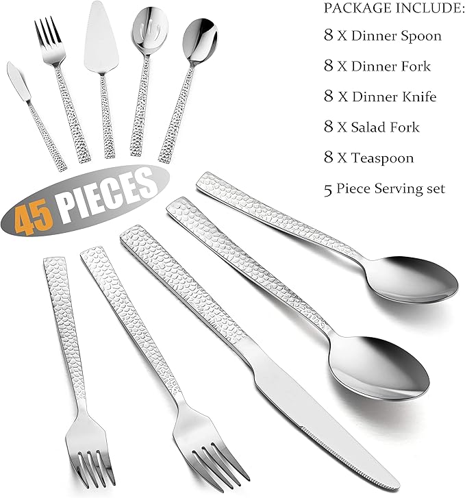 45-Piece Silverware Set with Serving Pieces, E-far Stainless Steel Hammered Flatware Eating Utensils Service for 8, Modern Tableware Cutlery Set with Square Edge, Mirror Polished, Dishwasher Safe