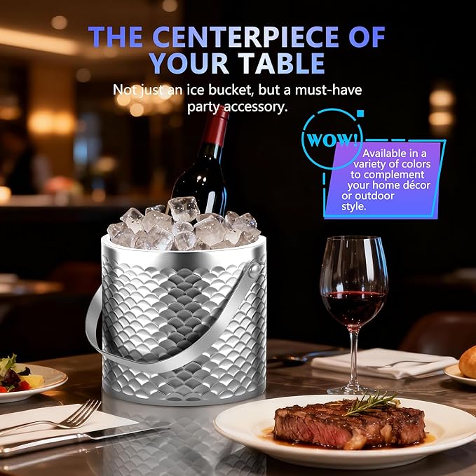 Ice Bucket, Ice Bucket with Silicone Sealing Ring Double-Wall Vacuum Insulation Champagne Buckets with Filter Layer Ice Tongs Ice Scoop (Scaled Silver, 3 L)