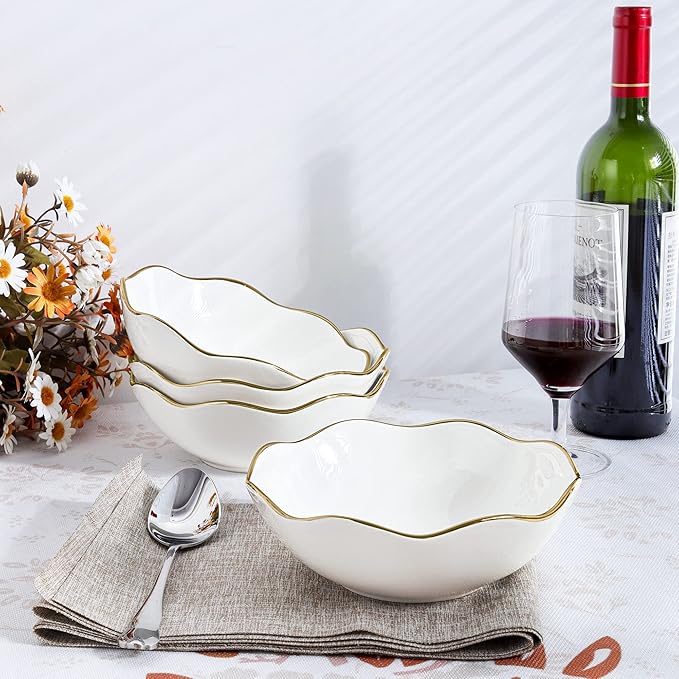 Fanquare 16oz Vintage White Pasta Bowls Set of 4, Porcelain Salad Bowl, 7" Kitchen Serving Bowl With Gold Trim for Cereal