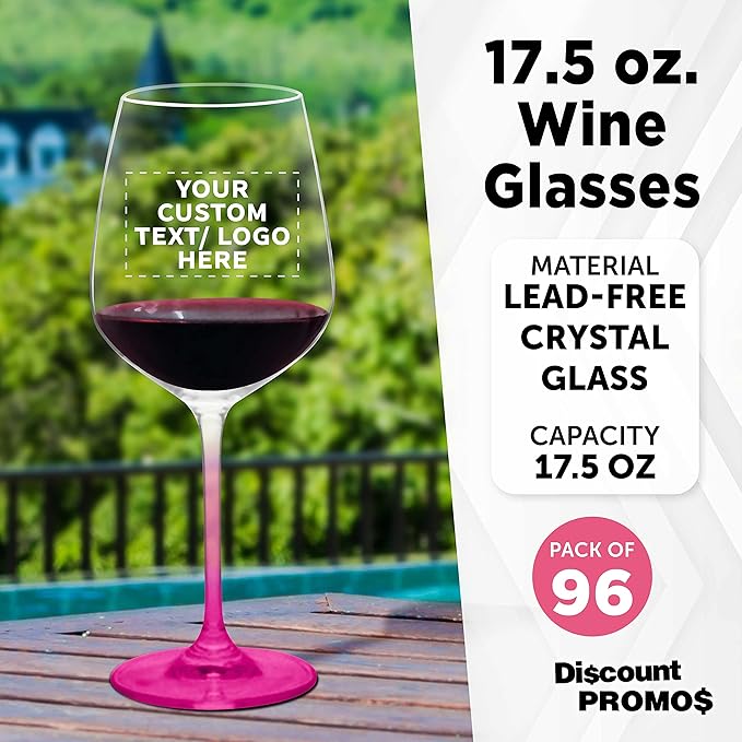 Custom Crystal Wine Glasses 17.5 oz Set of 96, Personalized Bulk Pack - Restaurant Glassware, Perfect for Red Wine or White Wine - Pink