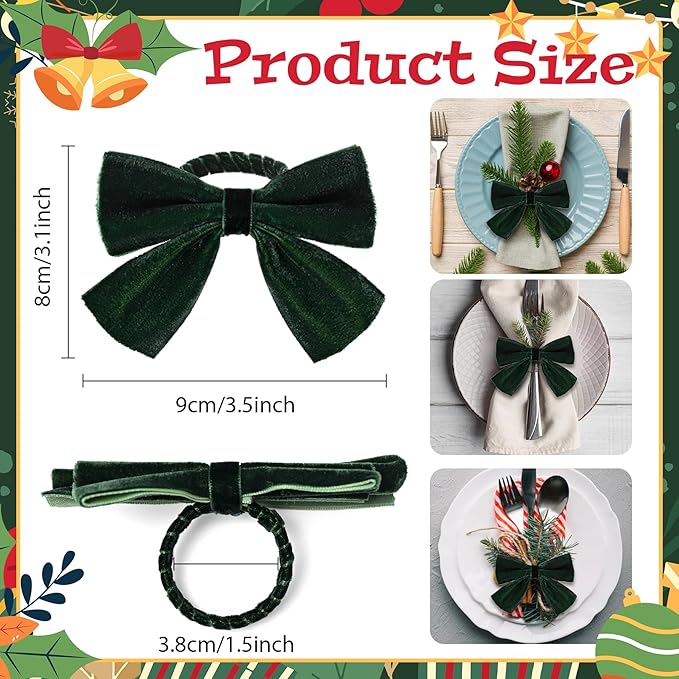 12 Pcs Green Christmas Bow Napkin Rings,Chic Xmas Velvet Napkin Ring Holders for Holiday Serviette Birthday Anniversary Party Dinner Wedding Dining Tableware Decoration