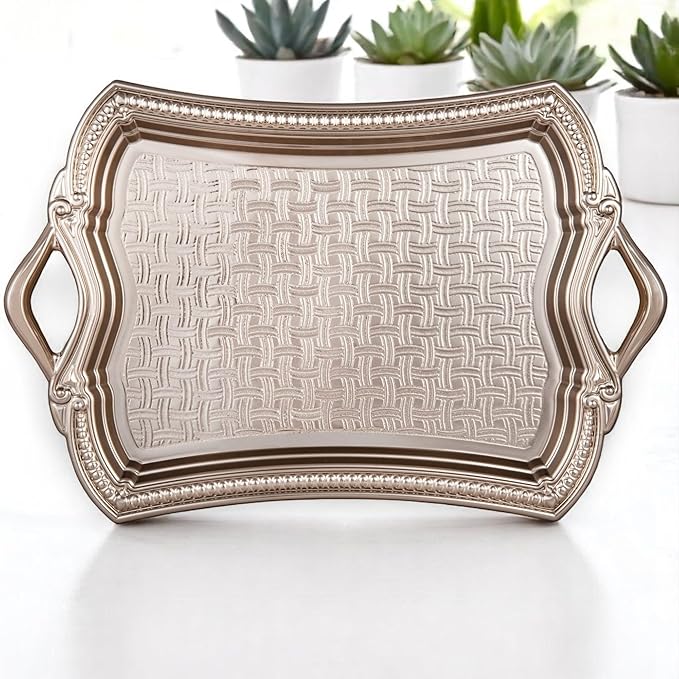 Alisveristime 2-Person Rectangular Metal Serving Tray – Ottoman Motif, (14.6" x 9", 13.1 oz) (Silver)