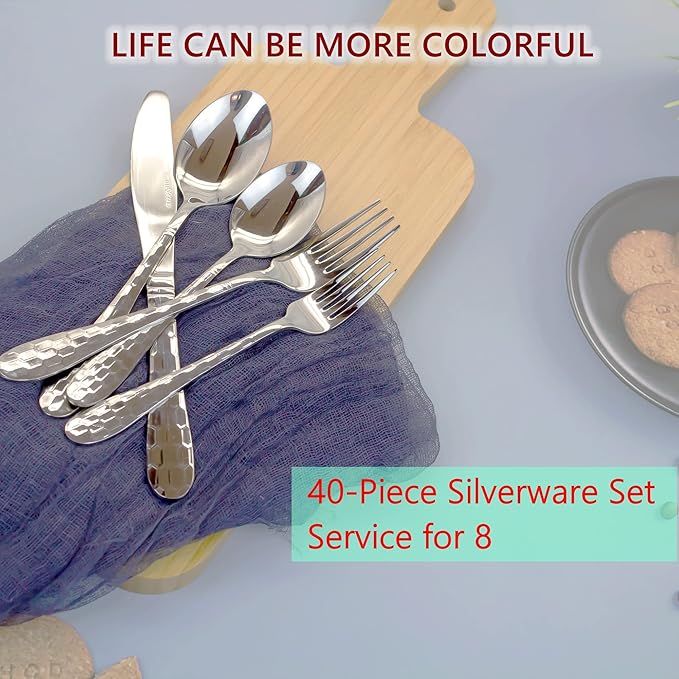 40-Piece Silverware Set for 8, Durable 18/10 Stainless Steel Flatware Set, Premium Home Kitchen Eating Tableware Cutlery Utensil Set for Gift, Include Fork Knife Spoon Set, Dishwasher Safe (Silver)