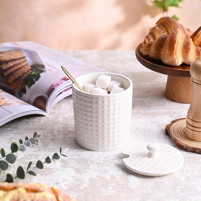 Ceramic Sugar Container with Lid & Spoon, 15 oz Sugar Bowl for Coffee Bar & Kitchen, Sugar Jar for Countertop Salt Container