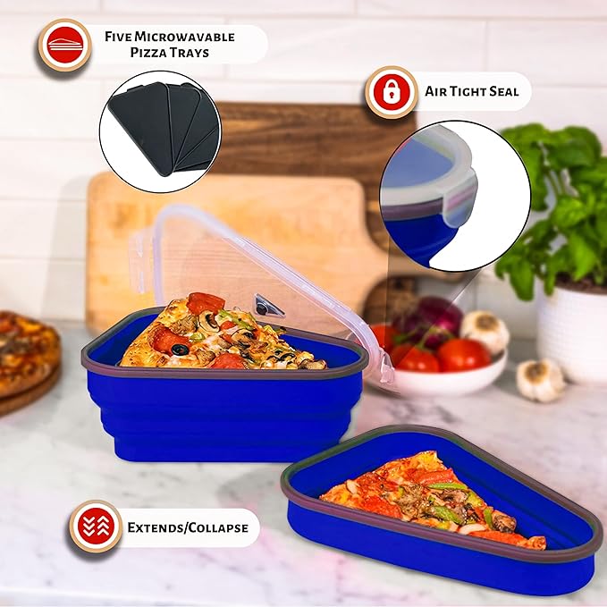 PIZZA PACK The Perfect Reusable Pizza Storage Container with 5 Microwavable Serving Trays - BPA-Free Adjustable Pizza Slice Container to Organize & Save Space, 2 Pack, Blue