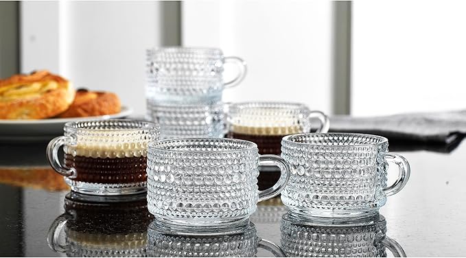 Espresso Cups, Set of 6 Shot Glasses 3 oz Coffee Espresso Mugs, Insulated Clear Thick Glass with Handle - Hobnail Embossed Mini Mugs Demitasse Cup Dishwasher Safe