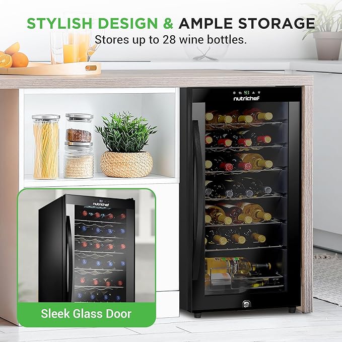 Nutrichef 28 Bottle Wine Fridge | Single Zone Red & White Wine Chiller | Adjustable Temperature 41°F to 64°F | Ultra Quiet Operation | Wine Cooler For Home & Office | Free Standing 33x16x17 IN | Black