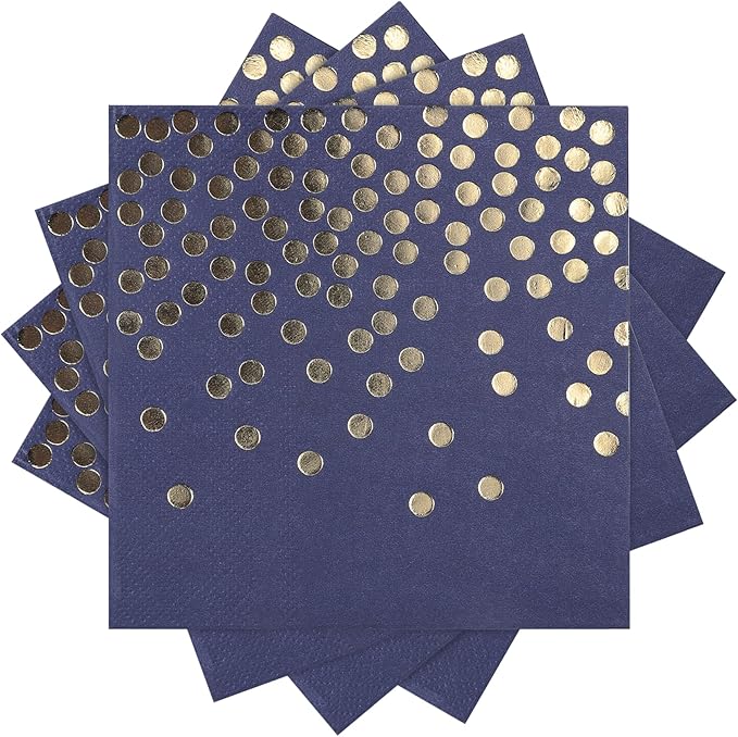 80 Pack of Paper Cocktail Napkins with Gold Foil Polka Dot Confetti，Polka Dot Party Supplies(5 x 5 in，2-ply) (80, blue gold)