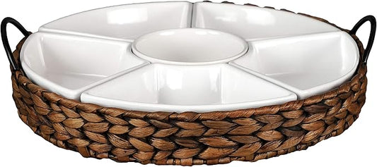 Serving Tray and Serving Dishes, RANDEFURN 7-Set Gold Platters for Parties,15.5 x 15.5 inches, Divided Serving Trays & Platters, Portable Handle,Gold