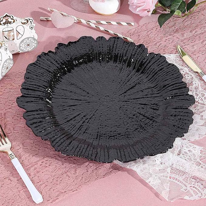 13" Charger Plates - Set of 12 - Acrylic Black Round Reef Disposable Chargers, Ideal for Dinner Party Wedding Holiday Bulk Events