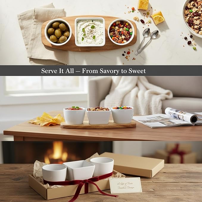 EFFETTO 3 Bowl Tidbit Set | 1 Square & 2 Round Bowls | On An Acacia Wood Tray | Ceramic | Great For Dips, Bite-Sized Sweets, and Snacks