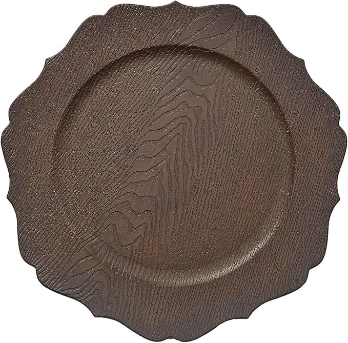 Efavormart 12-Pack Acrylic Charger Plates 13" Round Rustic Brown with Wood Grain Scalloped Rim - Dinner Charger Tableware