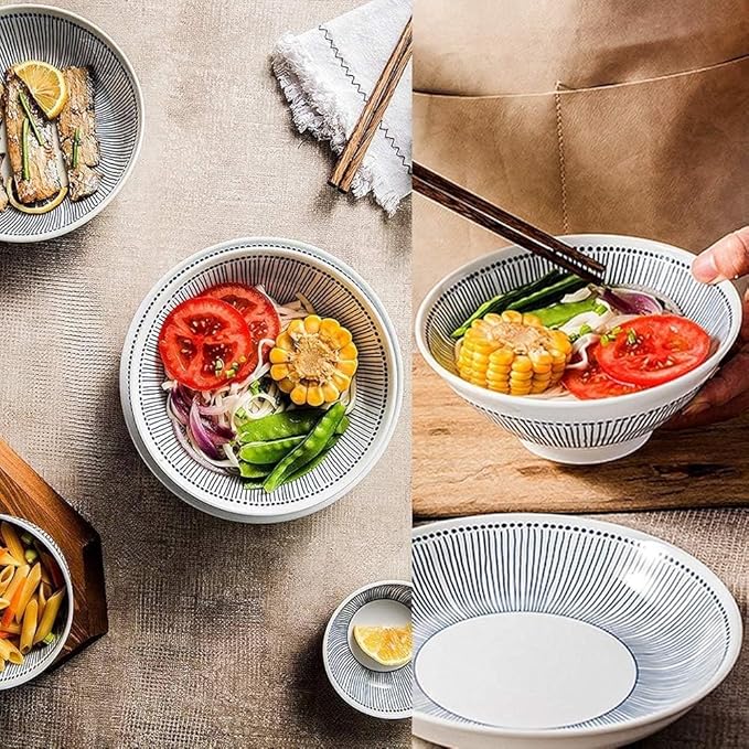 Elegant Fine Dinnerware Set,White Porcelain Dinnerware Set with Blue Line Stripes, Ceramic Plates and Bowls Sets, Unique Dish Set for Parties or Everyday Use,Service,