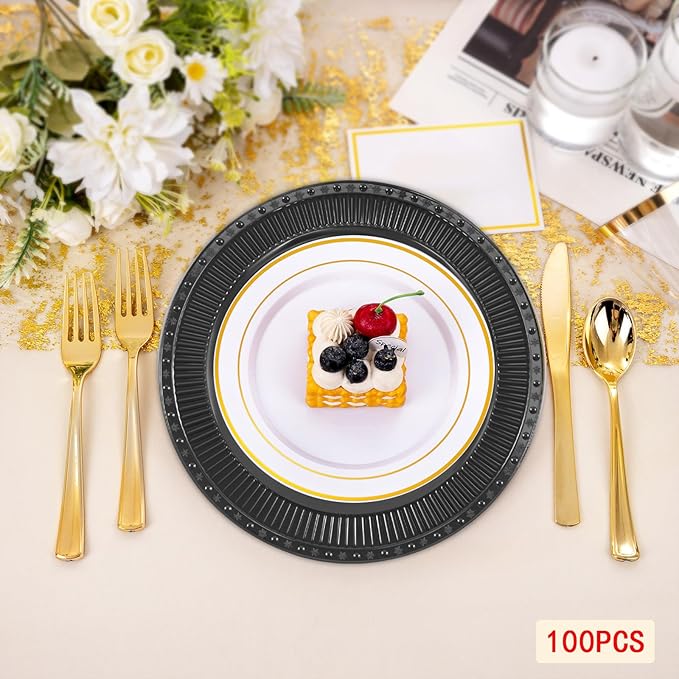 100 Pcs Antique Charger Plates Bulk 13 Inch Embossed Rim Plastic Party Dinner Plate Chargers Round Decorative Server Plate for Wedding Party Event Tableware (100pcs-black4)