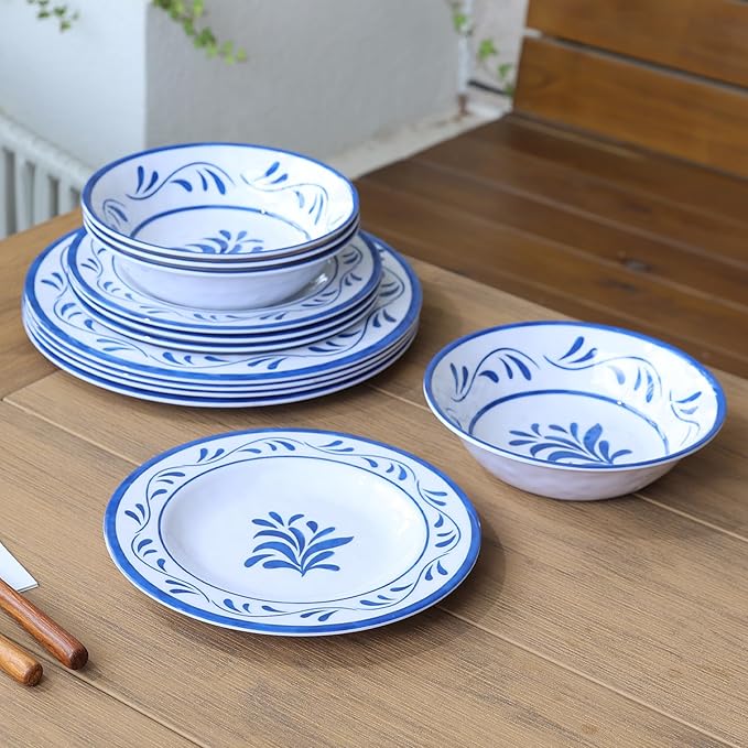 Melamine Dinnerware Sets 12 Pcs, Melamine Plates and Bowls,Party Plates and Bowls Sets, Camping Dishes Set for 4, Unbreakable, BPA Free, Dishwasher Safe （Blue water drop flower）