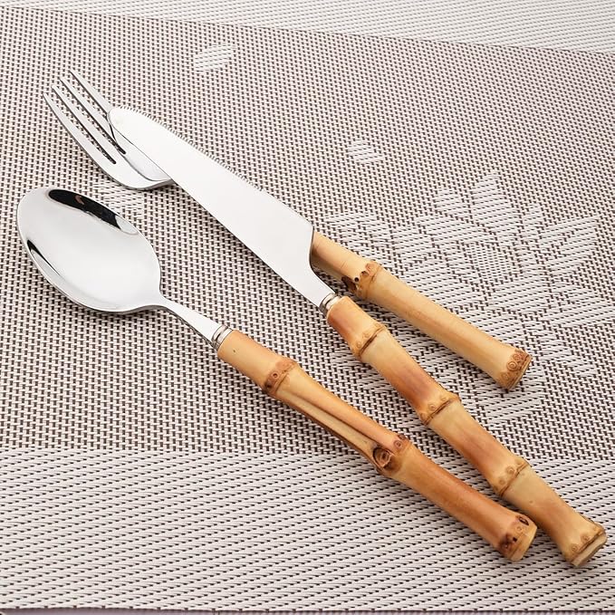 Gugrida 20pcs Flatware Silverware Serving Set Silver Stainless Steel Hostess Serving Utensil Set with Bamboo Handle Dishwasher Safe, 20pieces Service for 4
