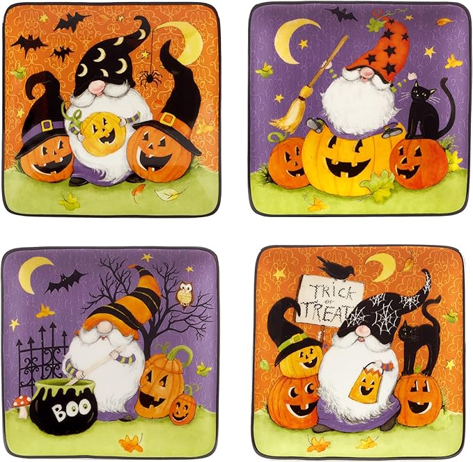 Certified International Halloween Gnomes 6" Canape/Luncheon Square Plates, Multicolor, Small, Set of 4