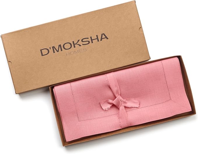 D'Moksha Homes Linen Dusty Pink Table Runner 120 Inches Long - 100% Pure Linen Hemstitch 14 x 120 Inch Table Runner for Dining, Winter, Christmas, Holiday, New Year - Classic Hemstitch