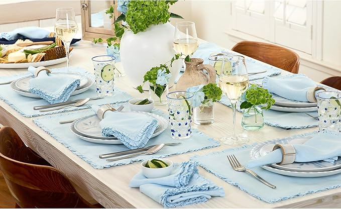 Solino Home Ice Water Linen Placemats 14 x 19 Inch - 100% Pure Linen Juliette Ruffle Placemats Set of 4 - Handcrafted and Machine Washable Table Mats for Christmas, New Year