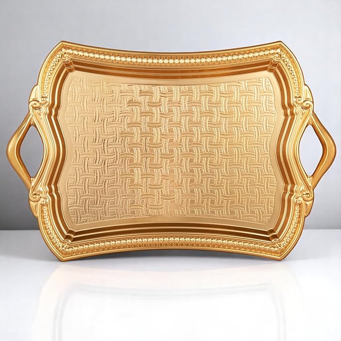 Alisveristime 2-Person Rectangular Metal Serving Tray – Ottoman Motif, (14.6" x 9", 13.1 oz) (Gold)