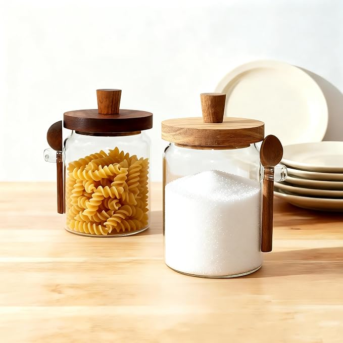 Glass Food Storage Jar with Acacia Wooden Lid and Spoon, Airtight Container for Cereals, Cookies, Snacks, Kitchen Canister Set (2 Pcs, Medium/20oz)