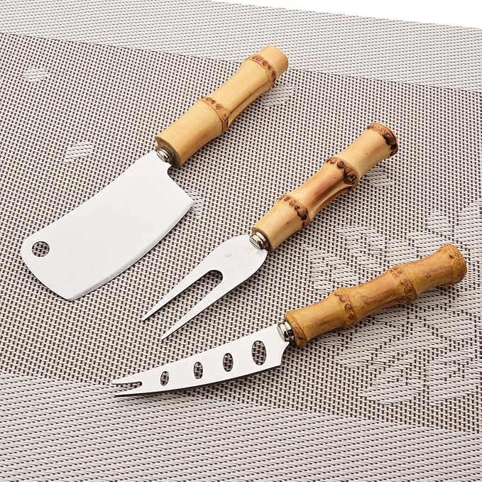 Gugrida Flatware Silverware Serving Set Silver Stainless Steel Hostess Serving Utensil Set with Bamboo Handle Dishwasher Safe, 6pieces Cheese Knife Set