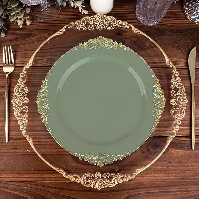 10" Dinner Plates -Set of 30 - Plastic Dusty Sage Green Round Baroque Disposable Chargers Leaf Embossed Rim, Ideal for Dinner Party Wedding Bulk Events